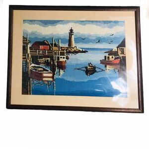 VINTAGE Matted Beach front Boats Nautical Water front Needle Work Art 23 x 19"